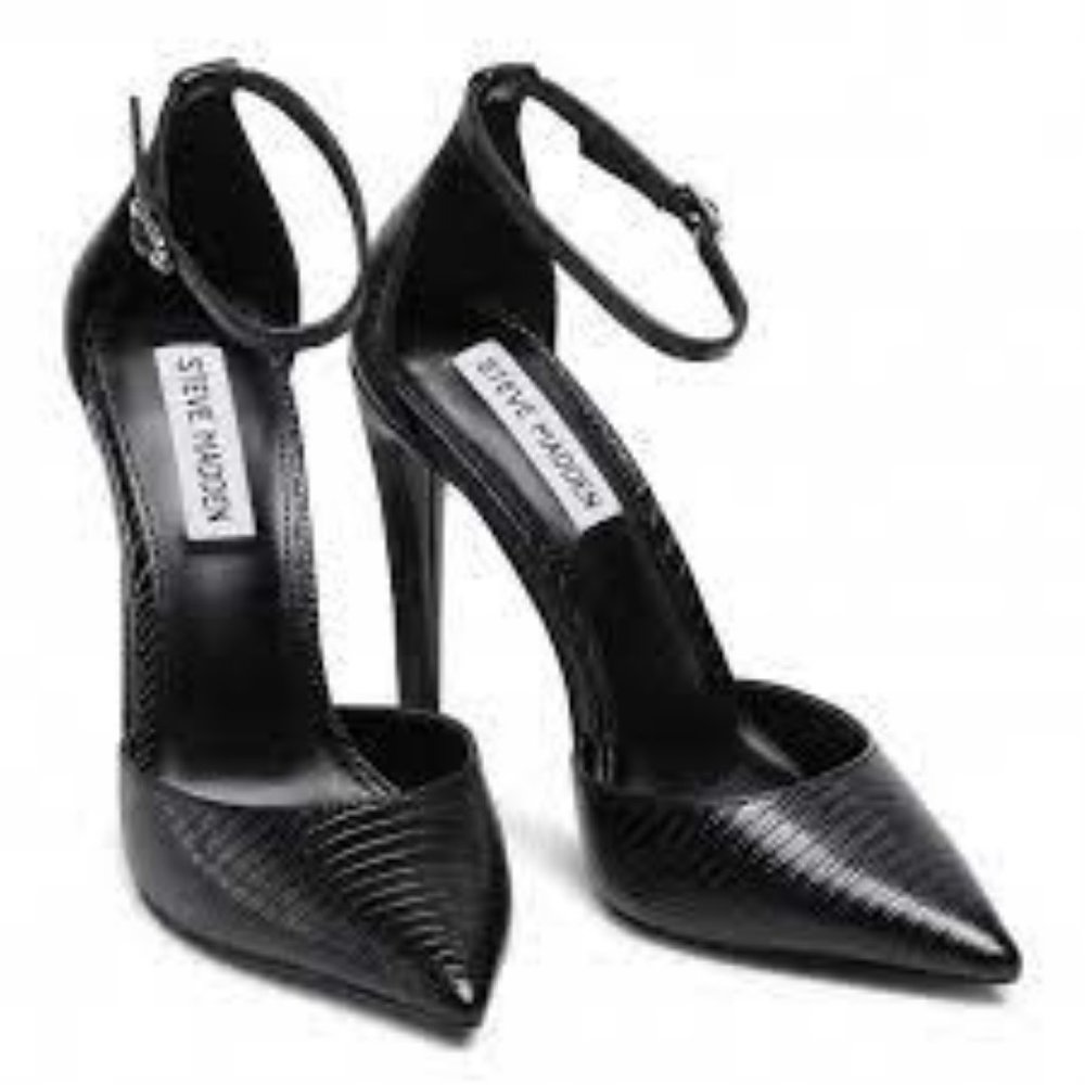Steve Madden Black Lizard Ankle-strap Pointed Toe Stilettos, Size 9M